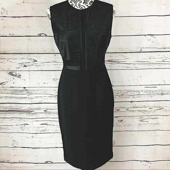 Halston Heritage Mesh Cutout Dress with Strip Details Black 0 2 4 14 - Picture 1 of 11
